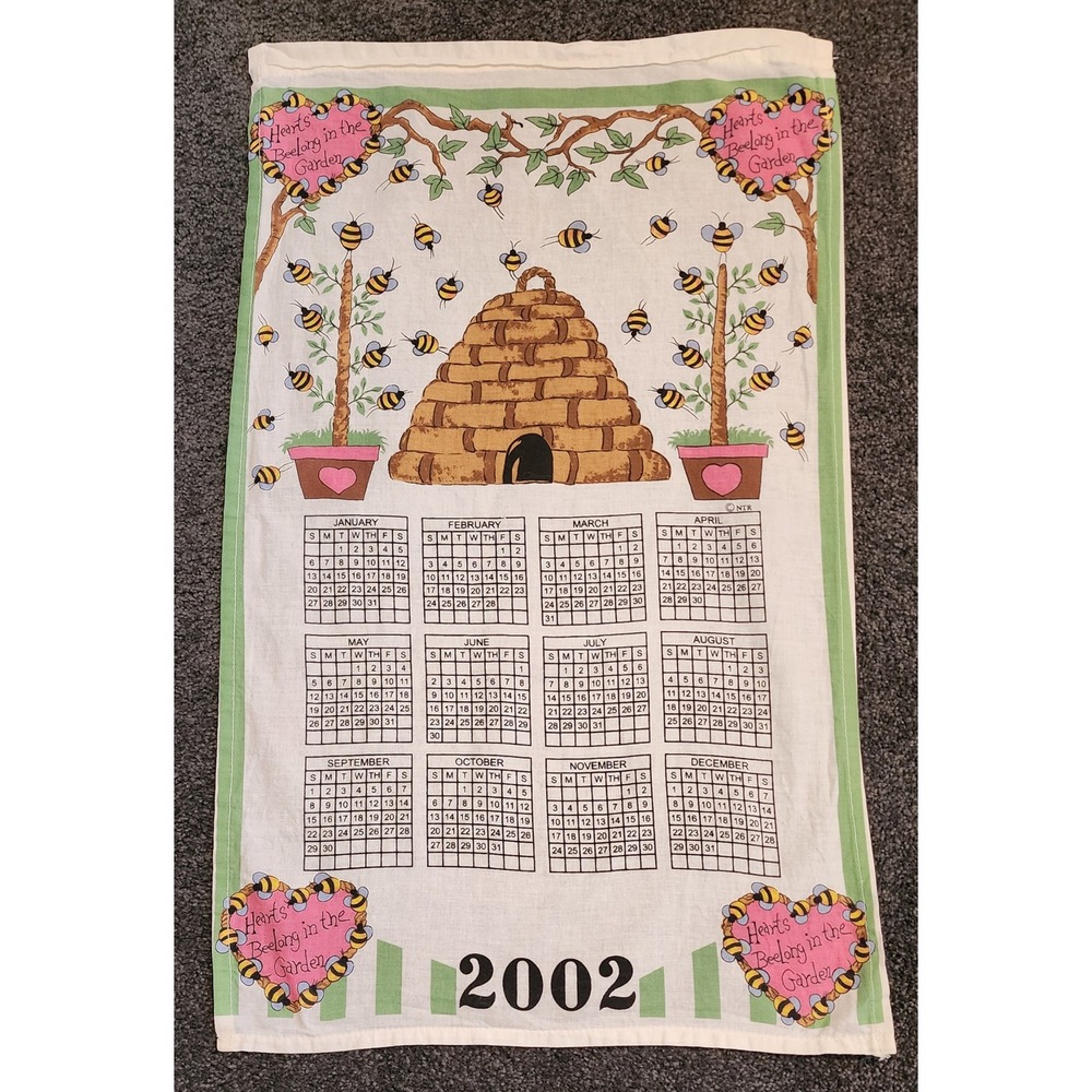 2002 Calendar Kitchen Towel Hearts Beelong in the Garden Spring Decor‎ Cotton